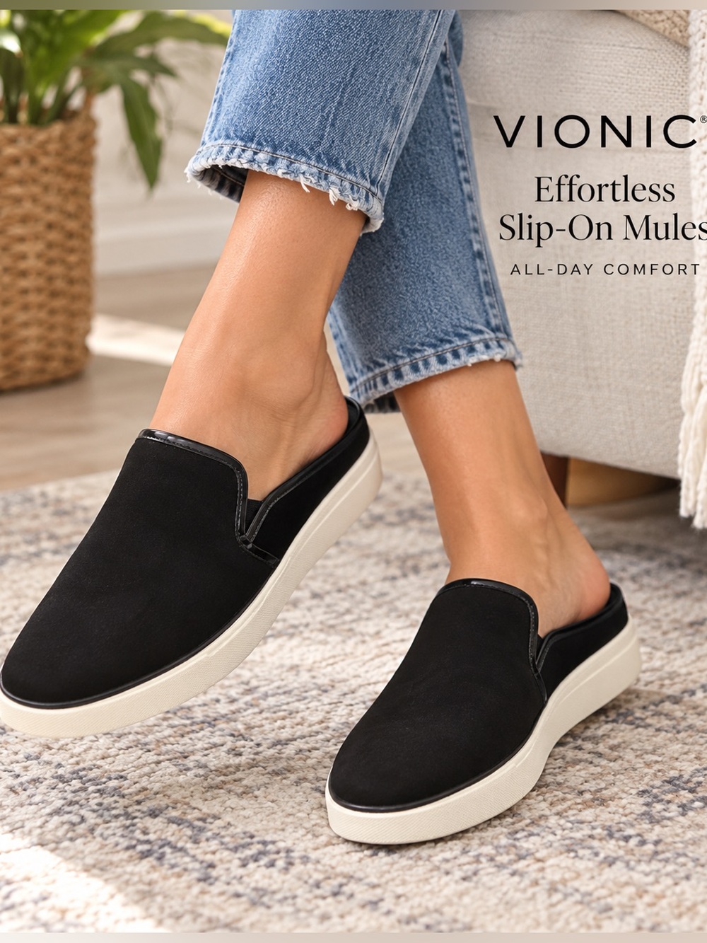Vionic Effortless Black Nubuck Slip-On Mule Sneakers Orthotic Comfort Size 7